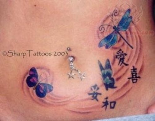 Butterflies And Dragon fly Tattoo On Belly